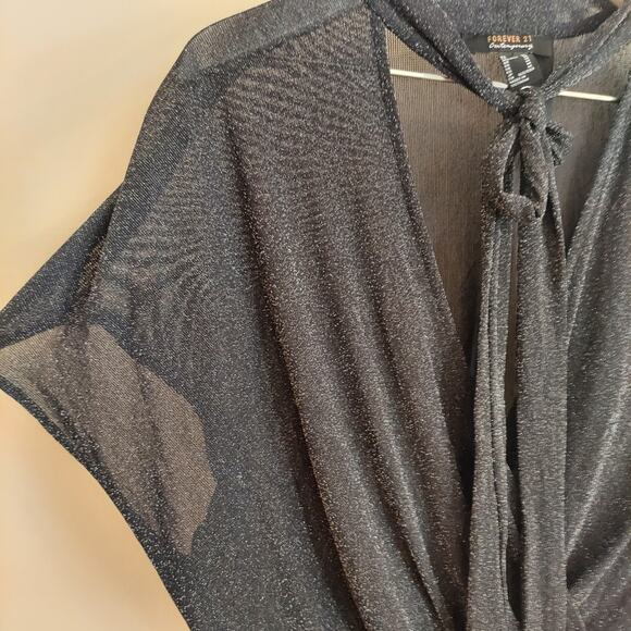 Forever 21 Semi Sheer Blouse Top Medium Black Sparkle Dazzle Faux Wrap Tie Neck - Picture 4 of 7